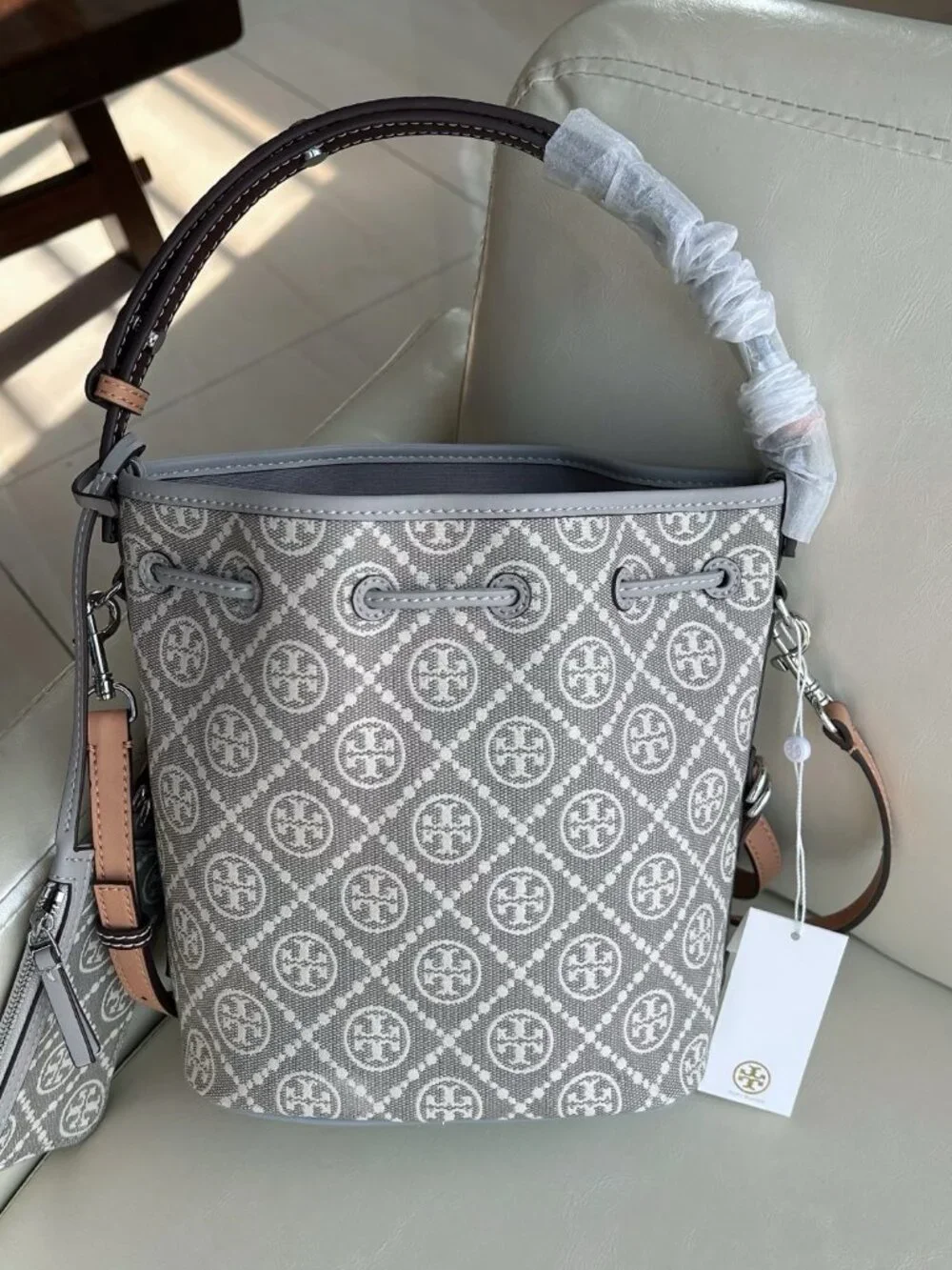 Tory Burch Monogram Jacquard Bucket Bag Grey Full Set With Mini